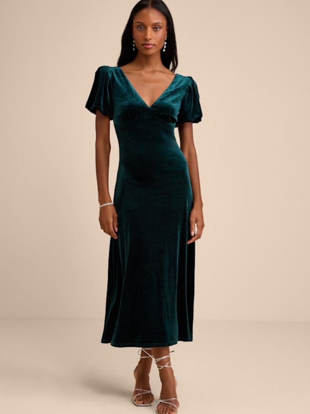 Lulus Obrissa Emerald Velvet Puff Sleeve Tie-back Midi Dress Green - Size XL